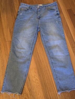 OAT New York High Rise Straight Jeans Size 12/31 Light Wash Distressed Raw Hem